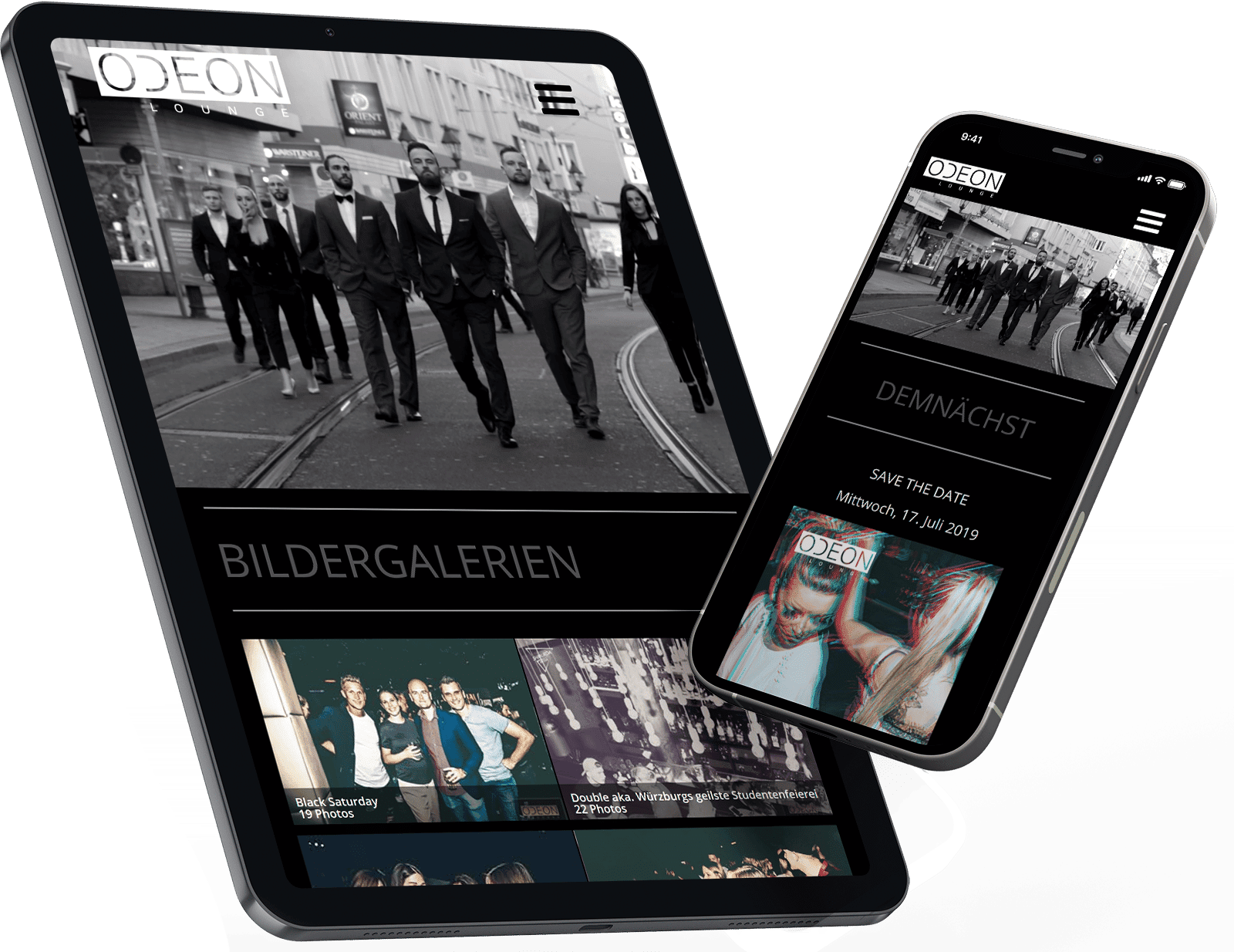 Mobilgeräte mit geöffneter Homepage von der Odeon Lounge Würzburg